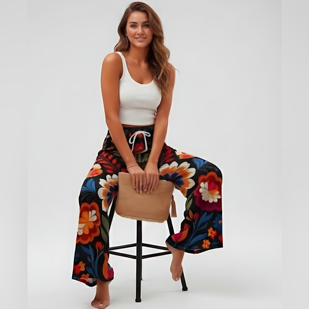 Boho Loose Floral Print Wide Leg Pants - Picture 2 of 5